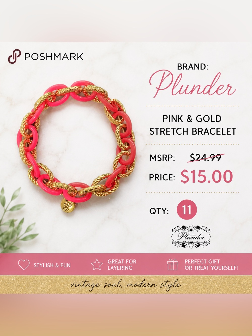 Plunder Hot Pink and Gold Chain-Link Stretch Bracelet